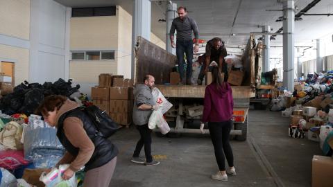 Donations collected for earthquake victims of Turkiye in Athens, Greece, on February 14, 2023. (Costas Baltas/Anadolu Agency via Getty Images)