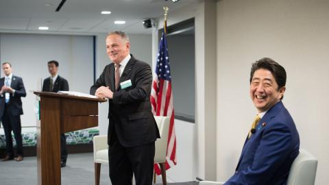 Kenneth R. Weinstein and Shinzo Abe at Hudson Institute on March 30, 2016.