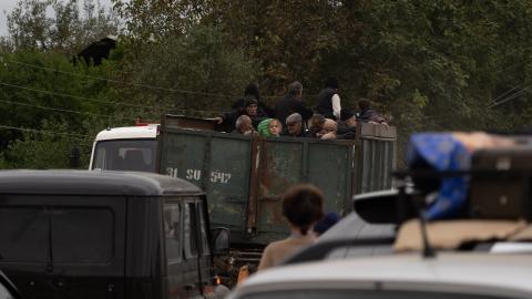 Armenians from Nagorno-Karabakh are evacuated on September 26, 2023, in Kornidzor, Armenia. (Astrig Agopian via Getty Images)