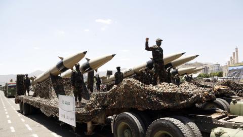 Yemen's Houthi group held a military parade commemorating the 9th anniversary of their takeover of the capital Sana'a on September 21, 2023 in Sana'a, Yemen. (Mohammed Hamoud via Getty Images)