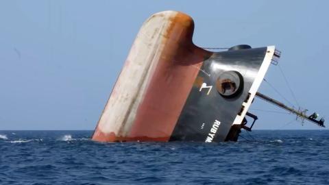  The cargo ship Rubymar sinking after it was targeted by Yemen's Houthi forces in international waters on March 7, 2024, in the Red Sea. (Photo by Al-Joumhouriah channel via Getty Images)