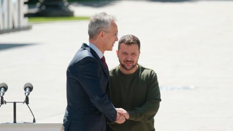 Volodymyr Zelensky and Jens Stoltenberg shake hands on April 29, 2023, in Kyiv, Ukraine. (Roman Pilipey via Getty Images)