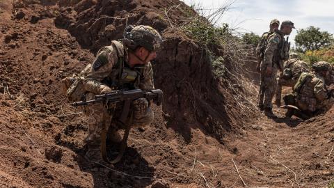 Ukrainian infantrymen during training in Donetsk Oblast, Ukraine, on May 28, 2024. (Diego Herrera Carcedo/Anadolu via Getty Images)