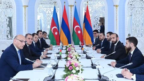 Azerbaijani Foreign Minister Jeyhun Bayramov and Armenian Foreign Minister Ararat Mirzoyan in Almaty, Kazakhstan, on May 10, 2024, in Almaty, Kazakhstan. (Photo by Azerbaijani ForeignMinistry/Handout/Anadolu via Getty Images)