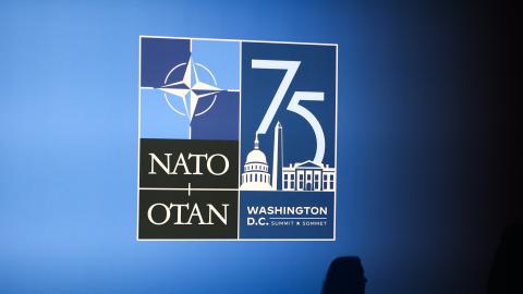 The NATO Summit logo in Washington, DC, on July 9, 2024. (Jakub Porzycki/NurPhoto via Getty Images)