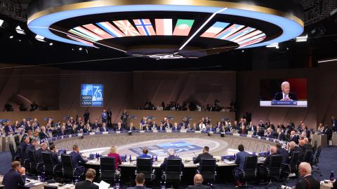 US President Joe Biden delivers remarks at a meeting of the North Atlantic Council at the NATO Summit on July 10, 2024, in Washington, DC. (Kevin Dietsch via Getty Images)