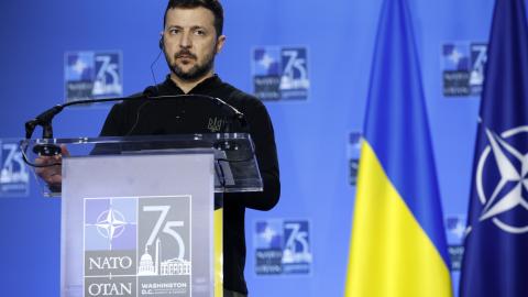 Ukrainian President Volodymyr Zelensky  speaks during a joint press conference at the NATO Summit on July 11, 2024, in Washington, DC. (Kevin Dietsch via Getty Images)