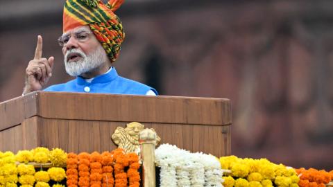 India's Prime Minister Narendra Modi addresses the nation from the ramparts of the Red Fort, to mark the country's Independence Day in New Delhi on August 15, 2024. (Photo by Sajjad HUSSAIN / AFP) (Photo by SAJJAD HUSSAIN/AFP via Getty Images)