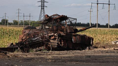 A destroyed Russian tank outside Ukrainian-controlled Russian town of Sudzha, Kursk region, on August 16, 2024. (Yan Dobronosov/AFP via Getty Images)