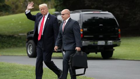 Former President Donald Trump and National Security Adviser H.R. McMaster walk to the White House June 16, 2017, in Washington, DC. (Alex Wong via Getty Images)