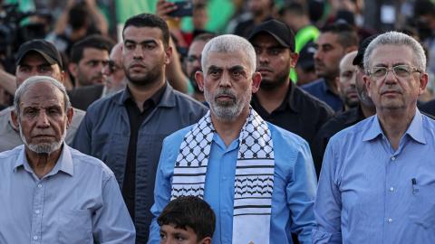 Yahya Sinwar and Mustafa Barghouti attend a rally in support of Jerusalem's al-Aqsa mosque in Gaza City on October 1, 2022. (Mahmud Hams/AFP via Getty Images)