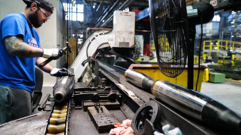 An employee checks 155 mm caliber shells at the Scranton Army Ammunition Plant in Scranton, Pennsylvania, on April 16, 2024. (Charly Triballeau/AFP via Getty Images)