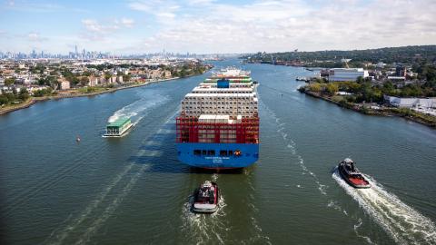 A container ship departs the Port of Newark for the Atlantic Ocean on September 30, 2024, from New York City. (Spencer Platt via Getty Images)