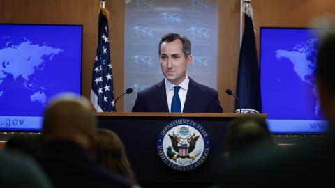 State Department spokesperson Matthew Miller speaks on the Iranian missile attacks on Israel on October 1, 2024, in Washington, DC. (Kevin Dietsch via Getty Images)