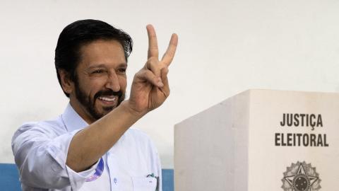 Sao Paulo Mayor Ricardo Nunes of the Movimento Democratico Brasileiro (MDB) casts his vote during the municipal elections in Sao Paulo, Brazil, on October 6, 2024. (Nilton Fukuda/AFP via Getty Images)