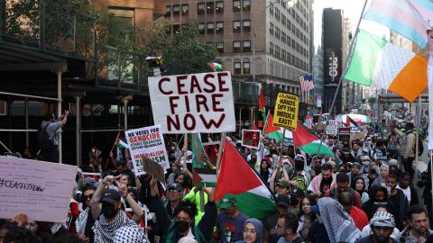 Demonstrators gather during a pro-Palestinian rally in New York City to mark the one-year anniversary of the October 7 terrorist attack by Hamas in Israel on October 7, 2024. (Charly Triballeau via Getty Images)