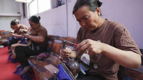 A general view of a handmade copper factory on May 28, 2024, in Hotan, Xinjiang Uyghur Autonomous Region, China. (Zhe Ji via Getty Images)