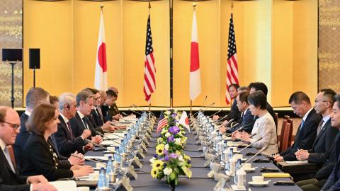 Antony Blinken and the US delegation sit opposite Japan's Foreign Minister Yoko Kamikawa during the "Extended Deterrence Ministerial Meeting" in Tokyo on July 28, 2024. (Kazuhiro Nogi/AFP via Getty Images)