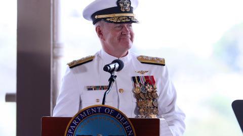 Incoming Indo-Pacific Commander Admiral Samuel Paparo speaks during the United States Indo-Pacific Command change of command ceremony in Honolulu, Hawaii, on May 3, 2024. (Marco Garcia/AFP via Getty Images)