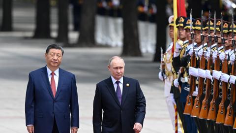 Russia's President Vladimir Putin and China's President Xi Jinping attend an official welcoming ceremony in Beijing on May 16, 2024. (Sergei Bobylov/AFP via Getty Images)