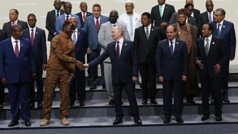 Russian President Vladimir Putin shakes hands with President of Burkina Faso Ibrahim Traore during the Second Summit and Russia–Africa Economic and Humanitarian Forum, on July 28, 2023, in Saint Petersburg, Russia. (Getty Images)