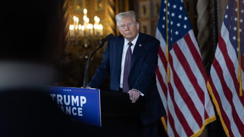 Donald Trump speaks during a press conference on January 7, 2025, in Palm Beach, Florida. (Scott Olson via Getty Images)