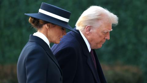 Melania Trump and Donald Trump arrive at St. John's Church as part of Inauguration ceremonies on January 20, 2025, in Washington, DC. (Scott Olson via Getty Images)