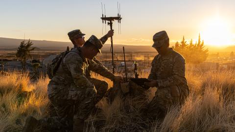 U.S. Army Soldiers assigned to 3rd Multi-Domain Task Force use the Versatile Radio Observation and Direction (VROD) and Modular Adaptive Transmit (VMAX) backpack EW systems, which is a lightweight man-portable electronics support and offensive electronic attack system at Pohakuloa Training Area, Hawaii, Nov. 1, 2023. The Joint Pacific Multinational Readiness Center (JPMRC) is the Army’s newest Combat Training Center (CTC) and generates readiness in the environments and conditions where our forces are most l