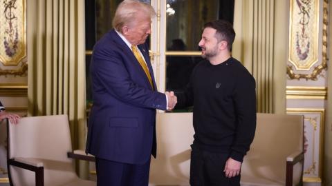 Ukrainian President Volodymyr Zelenskyy and then US president-elect Donald Trump shake hands after their meeting at the Elysee Presidential Palace in Paris, France, on December 7, 2024. (Ukrainian Presidency / Handout/Anadolu via Getty Images)