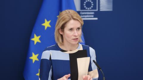 Kaja Kallas talks to the media on February 4, 2025, in Brussels, Belgium. (Getty Images)