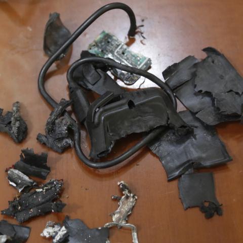 A photo taken on September 18, 2024, in Beirut's southern suburbs shows the remains of exploded pagers on display at an undisclosed location. Hundreds of pagers used by Hezbollah members exploded across Lebanon on September 17, killing at least nine people and wounding around 2,800 in blasts the Iran-backed militant group blamed on Israel. (Photo by AFP) (Photo by -/AFP via Getty Images) pager explosion israel iran michael doran