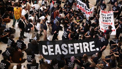 Protesters stage a demonstration in support the Palestinians on October 18, 2023, in Washington, DC. (Alex Wong via Getty Images)